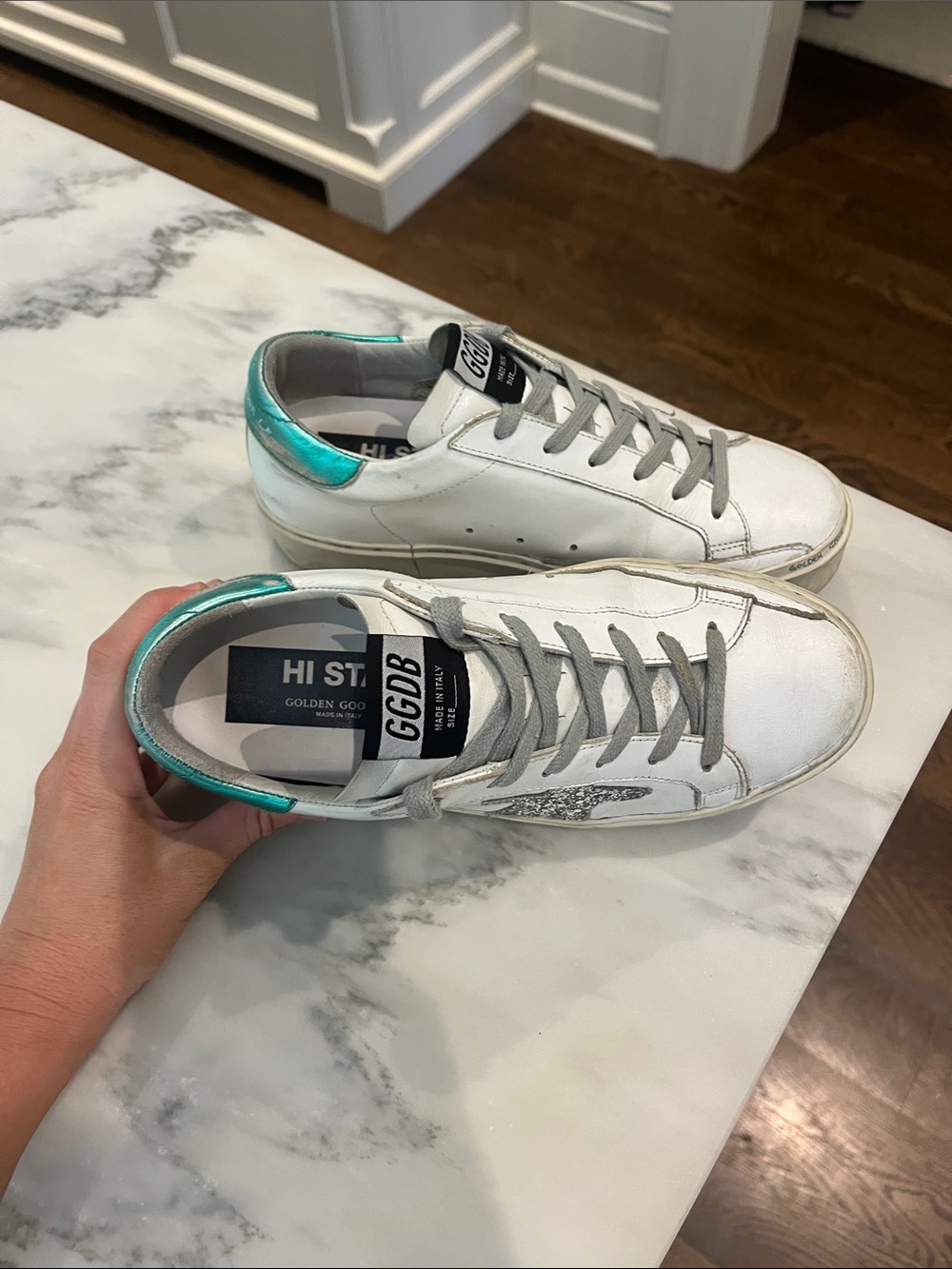 Golden Goose White Sneakers with Silver Glitter Star and Teal Heel - Picture 3 of 7